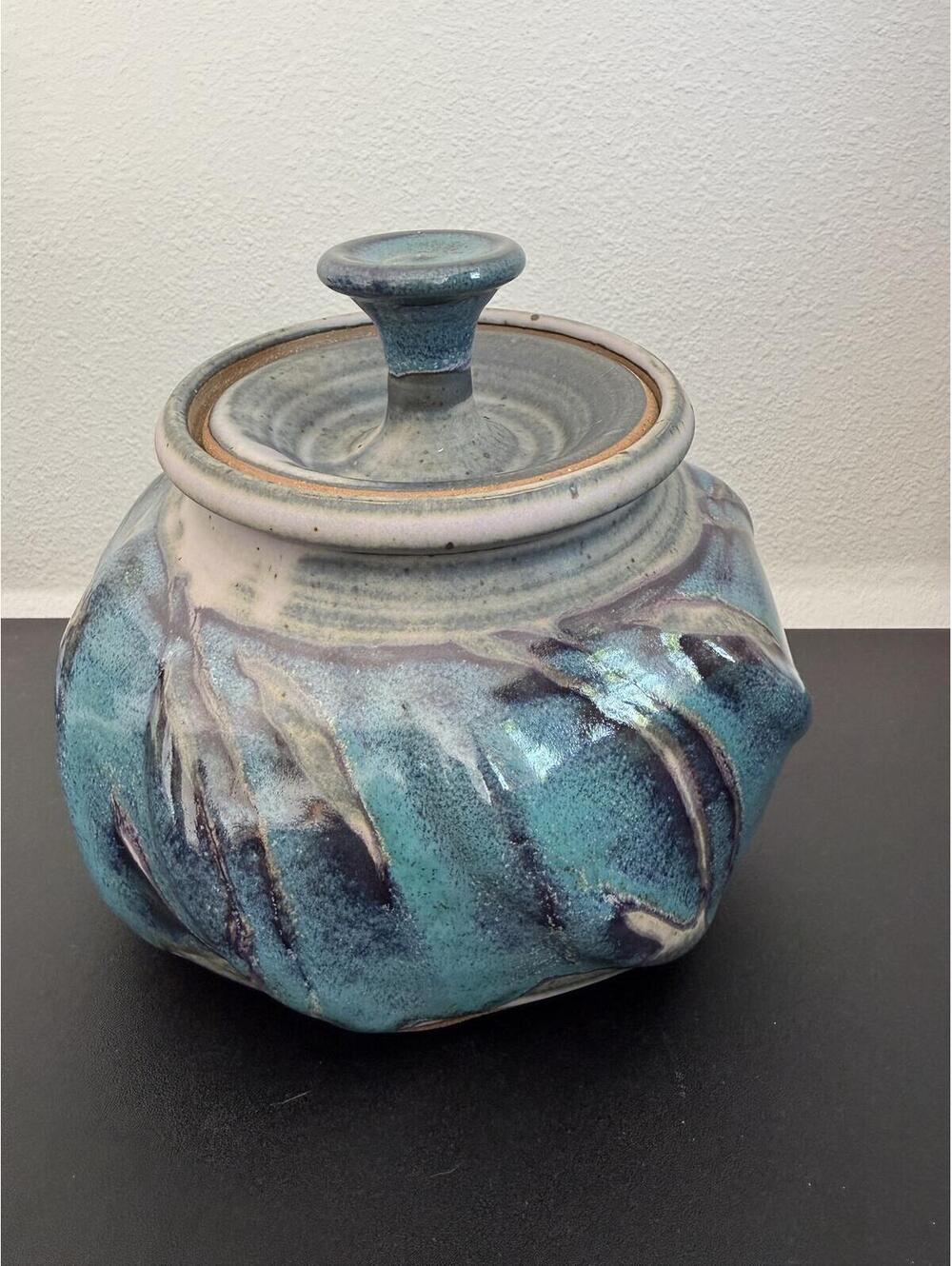 Larry Spears Hand tossed pottery lidded jar cookie jar Blue glaze